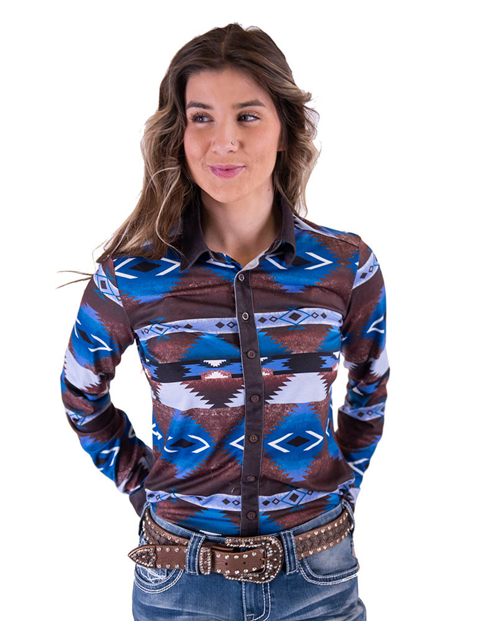 Pullover Button-Up (Brown And Blue Western Print Mid-weight Stretch ...