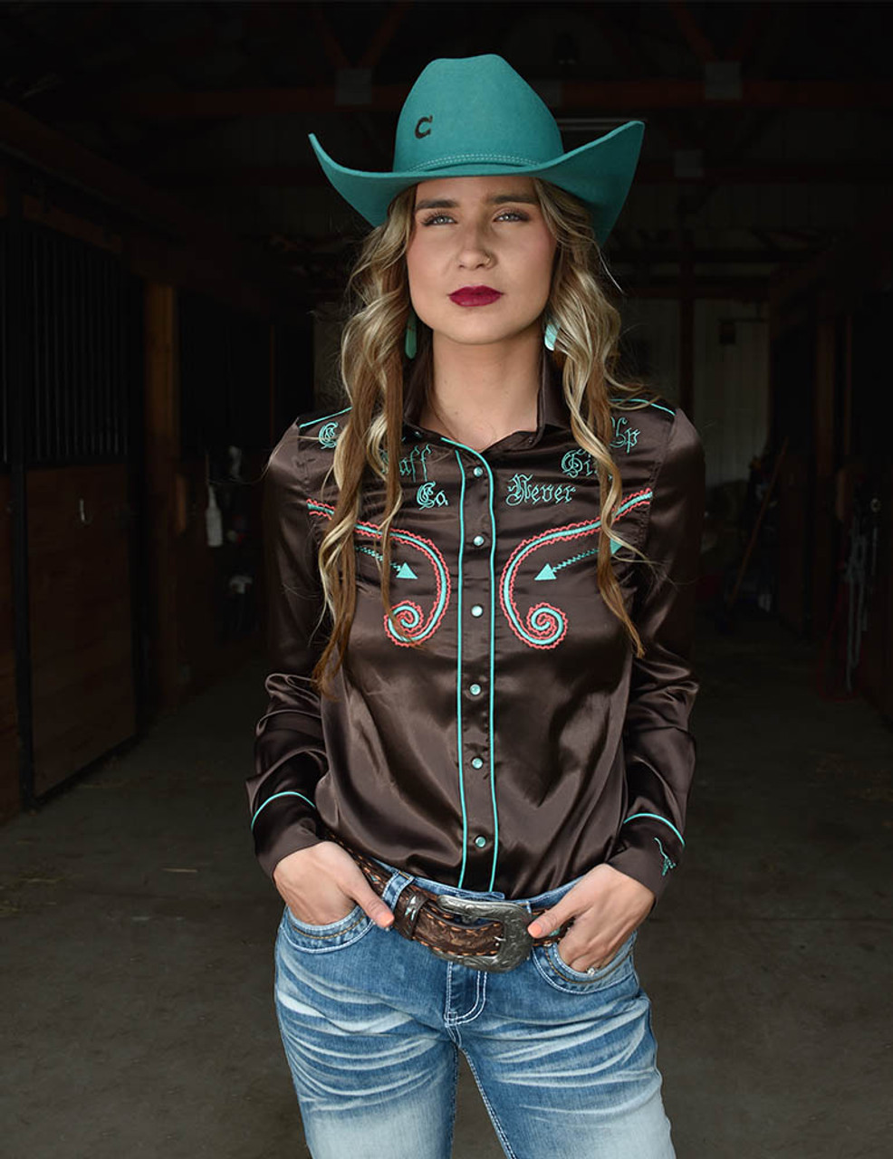 Pullover Button Up Brown Lightweight Stretch Satin With Turquoise Embroidery Cowgirl Tuff Co