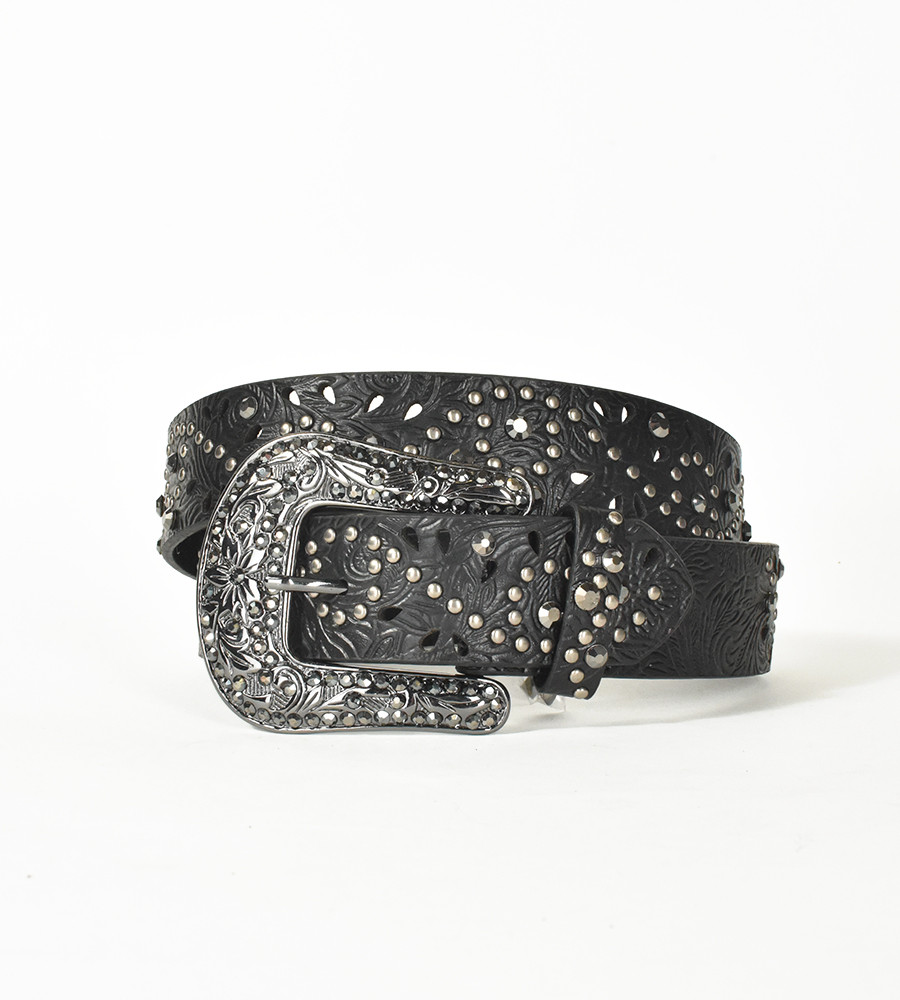 Black Leather Rhinestone Studded Belt with Silver Rivets Cowgirl