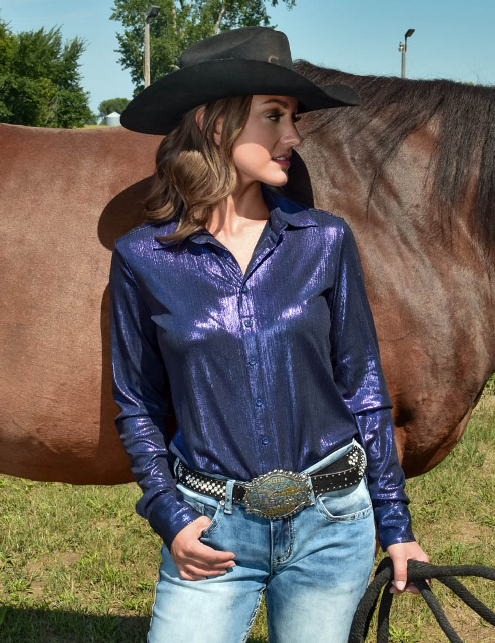 Pullover Button Up (Deep Blue Lightweight Shimmer) - Cowgirl Tuff Co. & B.  Tuff Jeans