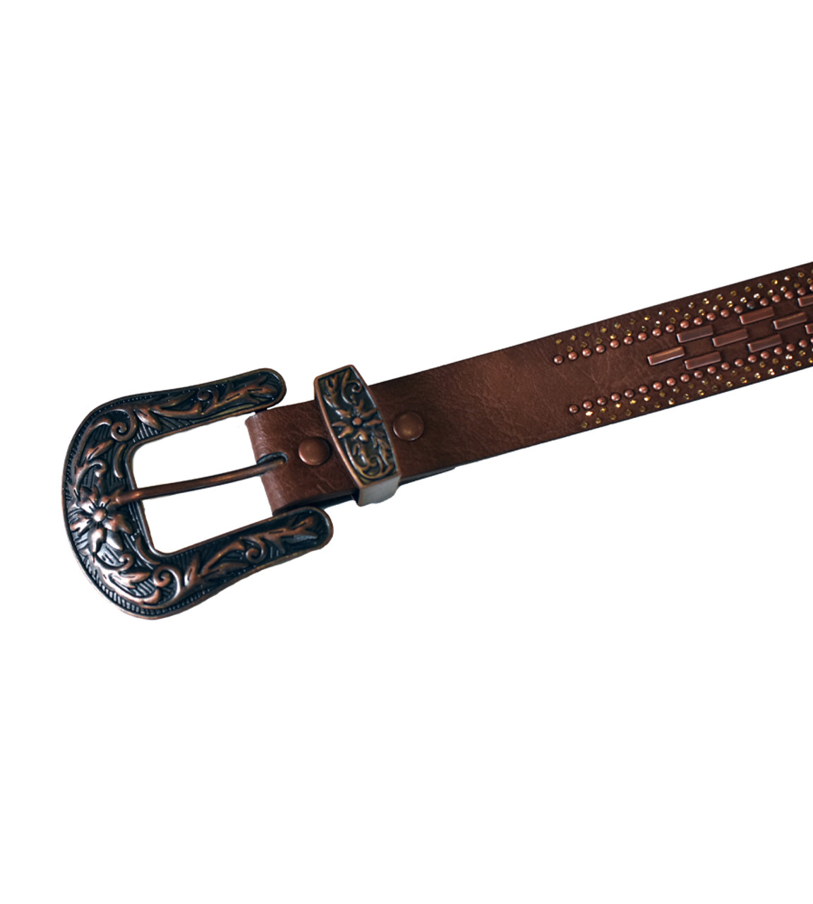 Brown Leather Rhinestone and Metal Studded Belt with Antique