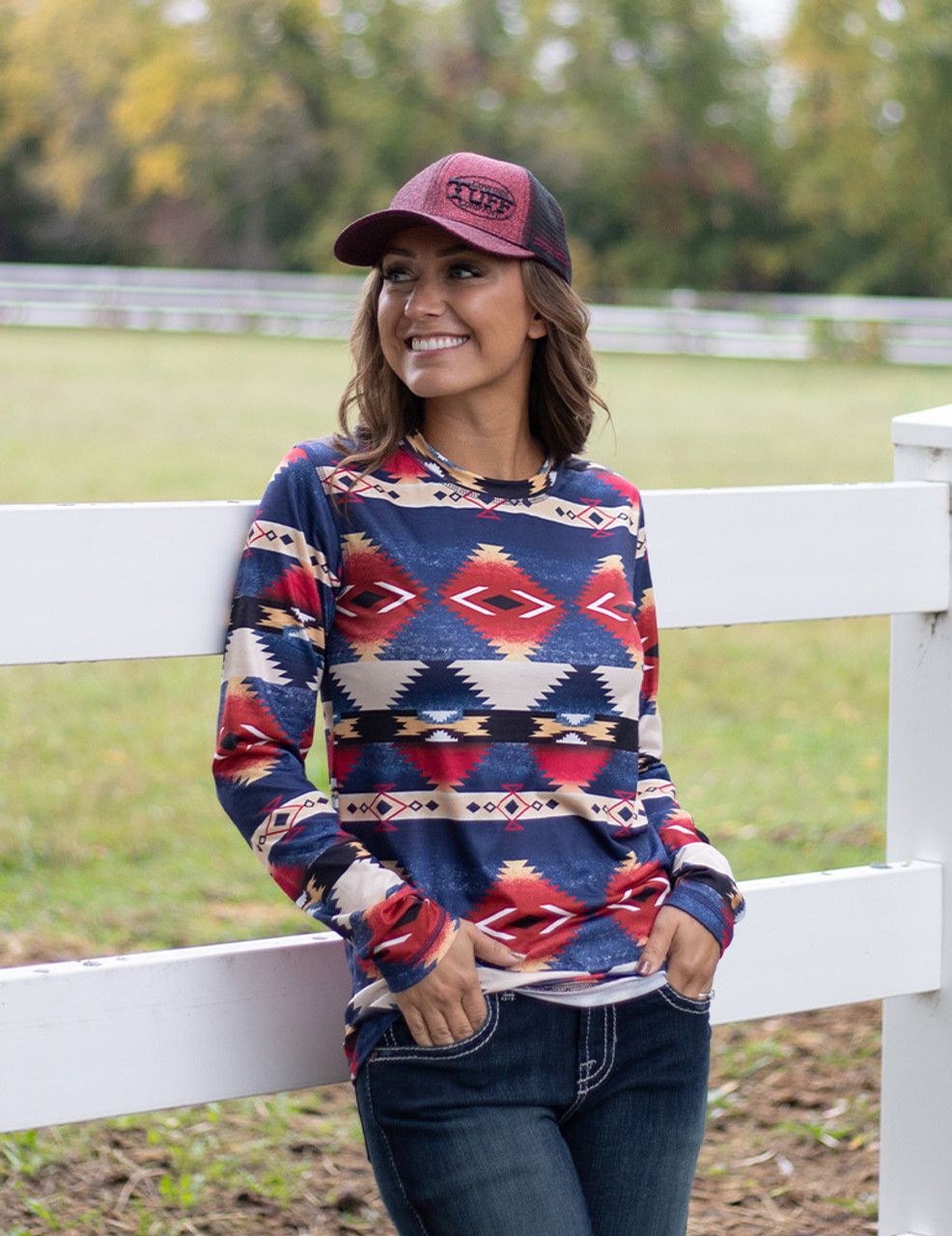 Long Sleeve Tee (Red And Blue Western Print Mid-weight Stretch Jersey) -  Cowgirl Tuff Co. & B. Tuff Jeans