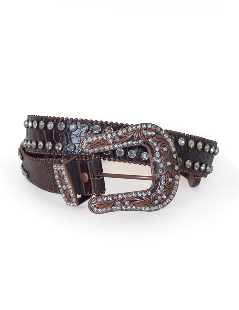 Brown Two Line Rhinestone Studded Leather Belt Cowgirl Tuff Co