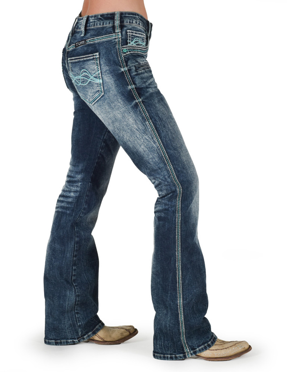 【PORTERNA】Tier Button Wide Jeans Turquoise Hurricane Bootcut - Cowgirl Tuff Co. & B. Tuff Jeans
