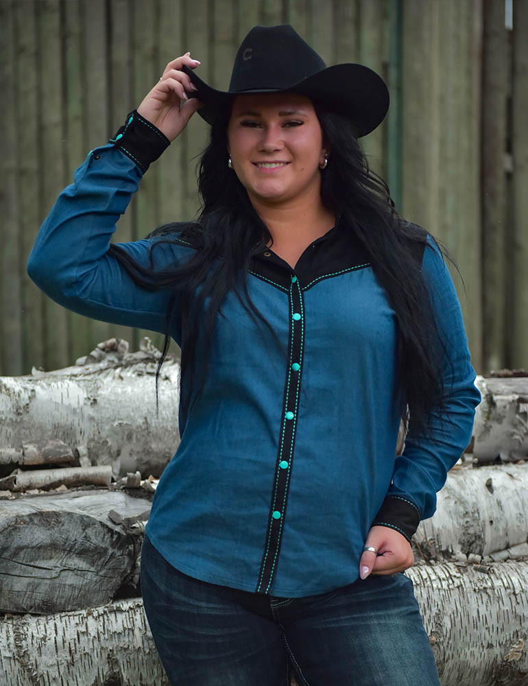 Pullover Button Up (Denim With Turquoise And Black Suede Stretch