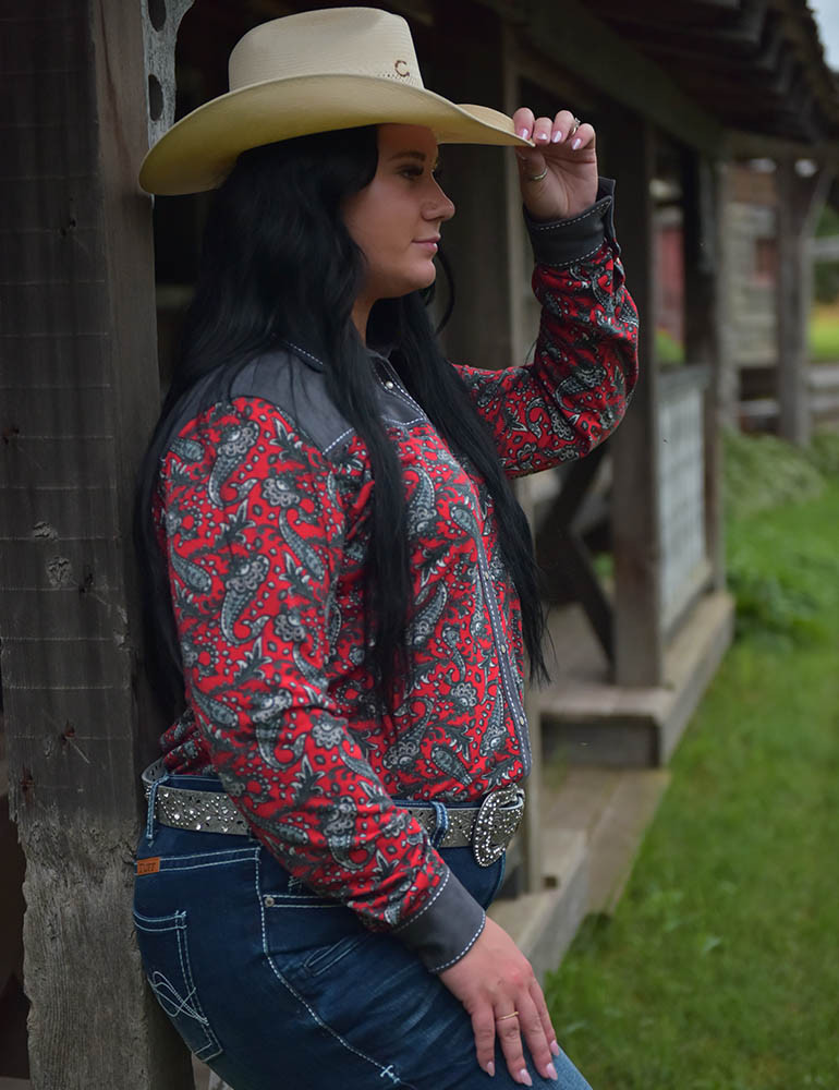 Pullover Button Up (Red Paisley With Gray Suede Stretch Jersey