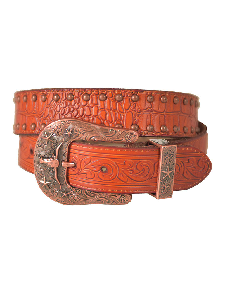 CTM Leather Western Belt - Floral Embossed, 1 3/8" Wide, Removable Buckle, Size 38, Red