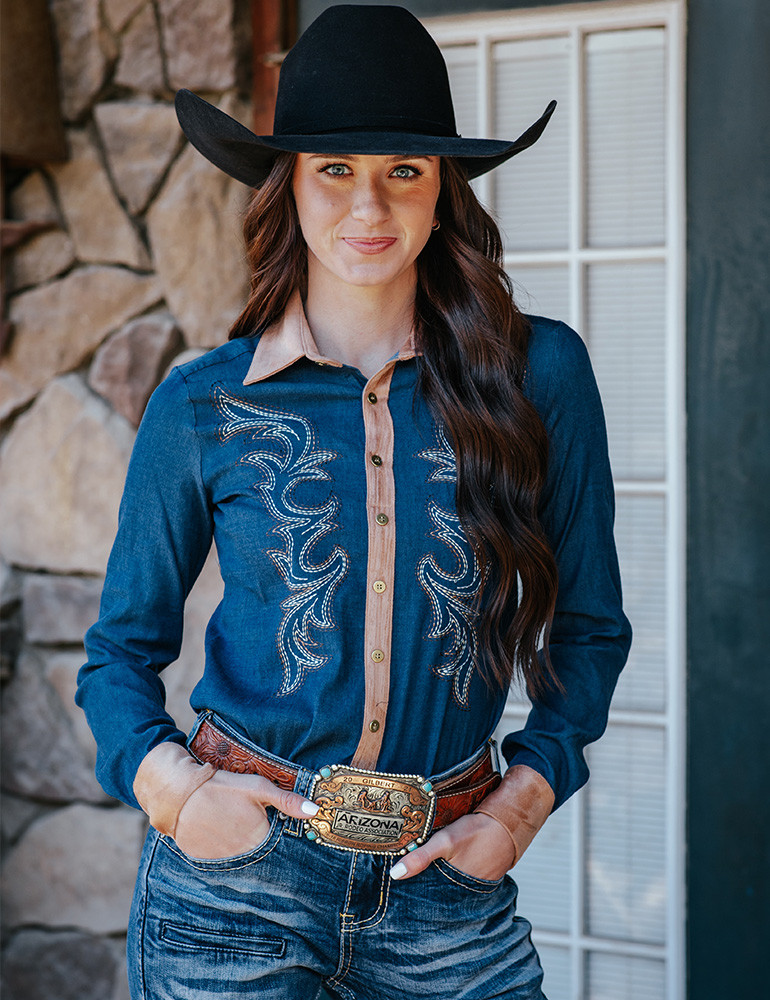 Pullover Button Up (Denim With Western Swirl Embroidery Mid-weight