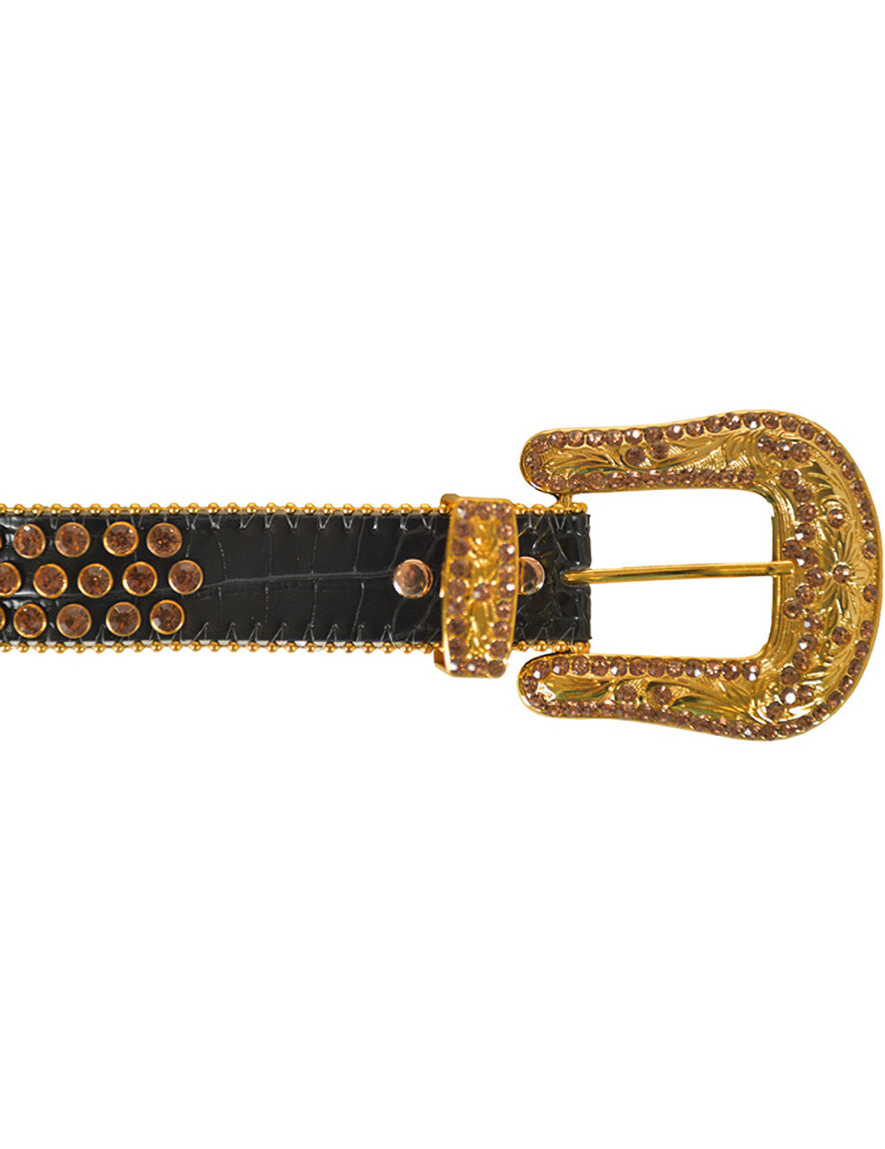 Gold Three Line Rhinestone Studded Leather Belt - Cowgirl