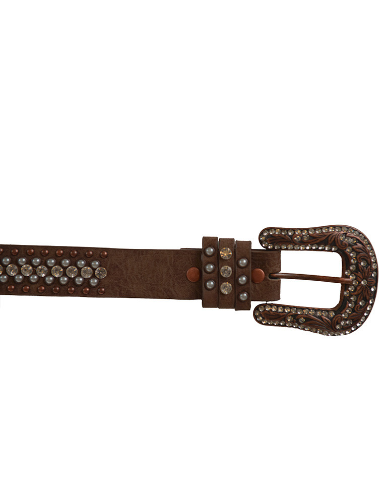 Brown Leather Studded Belt with Pearl Rivets - Cowgirl Tuff Co
