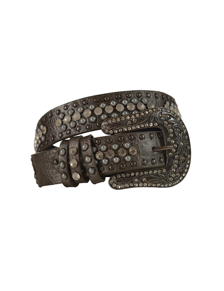 Pewter Leather Studded Belt with Pearl Rivets - Cowgirl Tuff Co