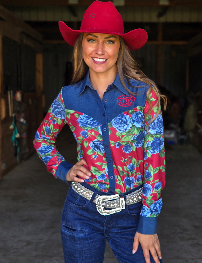 Button Up Roses Pullover Button Up (Blue Roses on Red Jersey Finished with Embroidered ...