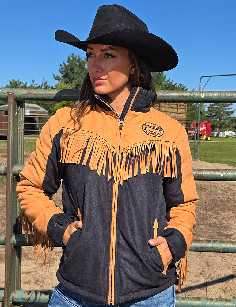 Tan & Black Soft Stretch Canvas Fleece Lined Fringe Jacket