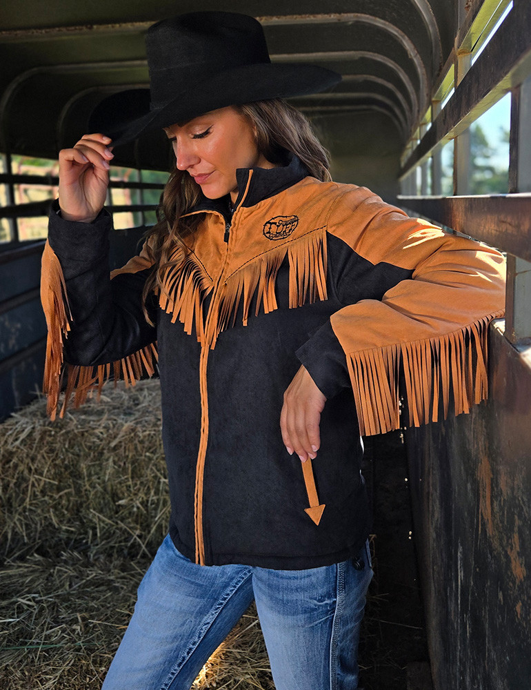Tan & Black Soft Stretch Canvas Fleece Lined Fringe Jacket