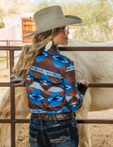 Pullover Button-Up (Brown And Blue Western Print Mid-weight Stretch Jersey)