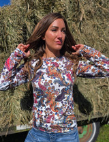 White & Gold  Paisley Stretch Midweight Jersey  Long Sleeve Baseball Tee