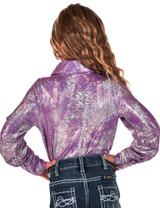 Girls Lavendar & Silver Iridescent Stretch Lightweight Pullover Button Up