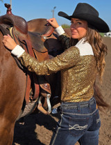 Gold Buckle Sequin with Cream Shimmer Pullover Button Up