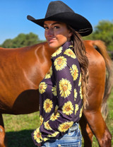 Gold Sunflowers on Black Jersey Pullover Button Up
