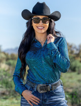 Aqua Sequin Pullover Button Up medium weight & stretch