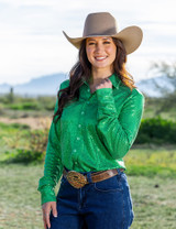 Bright Green Sequin Pullover Button Up medium weight & stretch