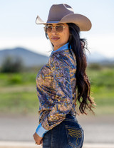 Tan & Sky Blue Paisley Satin Pullover Button Up in low stretch medium weight