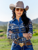 Aztec Denim Jersey Pullover Button Up in medium stretch