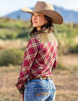 Burgundy plaid Pullover Button Up - leopard jersey yoke, cuffs with cream overstitching & pearl snaps.