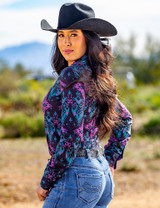 Lilac, Teal, Black Patterned Jersey Pullover Button Up Medium weight & stretch