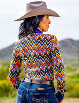 Colorful Zig Zag Jersey with Ultramarine Metallic Trim Pullover Button Up