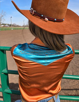 Rust & Turquoise Retro Bootstitch Embroidered Satin Pullover Button Up Lightweight Low Stretch