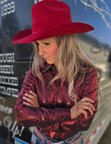 Red Sequin Foil Metallic Pullover Button Up Midweight & Medium Stretch