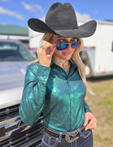 Turquoise Mist Holographic Pullover Button Up lightweight medium stretch