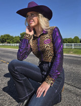 Leopard Jersey with Purple Sequin Sleeves & purple embroidered logo Pullover Button Up