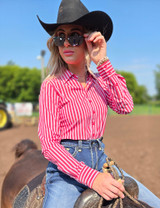 Red Pinstripe Structured Pullover Button Up