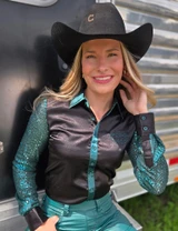 Black & Emerald Satin with Emerald Sequin Sheer Sleeves Pullover Button Up