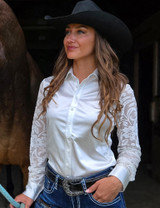 White Satin Pullover Button Up with Velvet Floral Sleeves