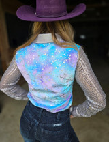 Purple & Teal Tie Dye Velor with Silver Stars Sparkles & Silver Sequin Sheer Sleeves Pullover Button Up