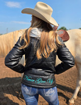 Black Faux Leather Jacket with Turquoise embrodered logos