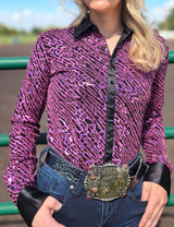 Pink Sequin Swirls on Black Jersey Pullover Button Up with Black Satin collar
