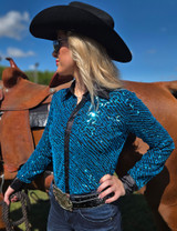 Aqua Sequin Swirls on Black Jersey Pullover Button Up  with Black Satin collar
