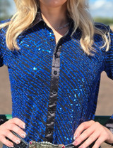 Royal Blue Sequin Swirls on Black Jersey Pullover Button Up  with Black Satin collar
