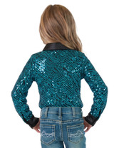 GIRLS Aqua Sequin Swirls on Black Jersey Pullover Button Up  with Black Satin collar