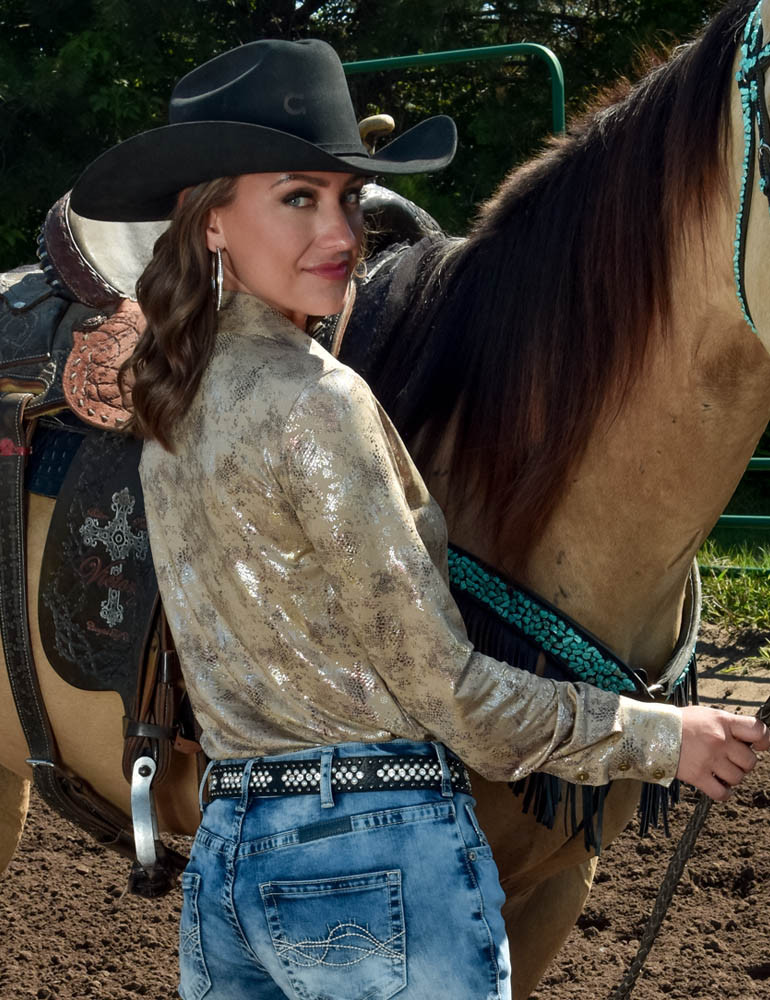 Cowgirl Tuff Pullover Arena Shirt - Soft Copper and Gold Metallic Leopard Shimmer