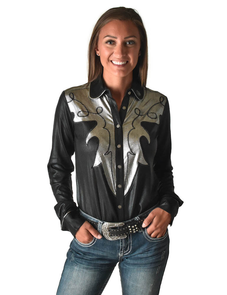 Cowgirl Tuff Pullover Arena Shirt - Gold Foil with Sheer Velvet Sleeves