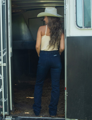 Cowgirl Tuff Don't Fence Me In Dark Boot Cut Jeans - Medium Rise, Cotton-Spandex, Barbed Wire Design