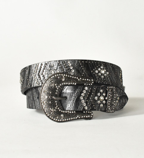 Black Metallic Leather Belt with Rhinestones, Studs, and Antique Sliver Hardware Black Metallic Leather Belt with Rhinestones, Studs, and Antique Sliver Hardware