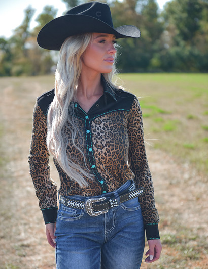 Pullover Button Up (Leopard With Turquoise Accents Lightweight Stretch Jersey) Pullover Button Up (Leopard With Turquoise Accents Lightweight Stretch Jersey)