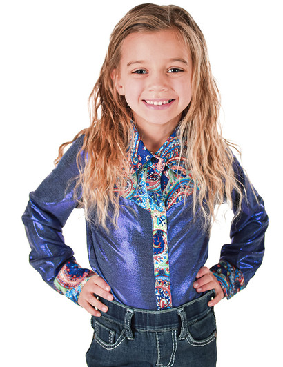 Pullover Button Up (Girls Blue Metallic With Colorful Paisley Accents Lightweight Stretch Jersey) Pullover Button Up (Girls Blue Metallic With Colorful Paisley Accents Lightweight Stretch Jersey)