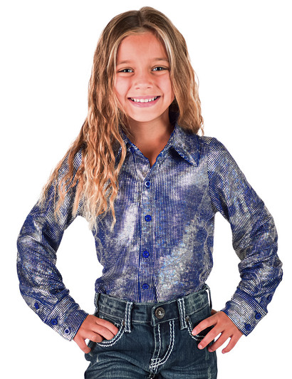 Girls Royal Blue & Silver Iridescent Stretch Lightweight Pullover Button Up